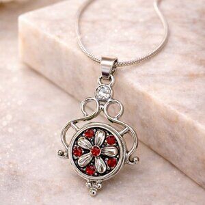 Interchangeable Ruby Red Snap Necklace 925 Chain Silver Scrollwork Floral